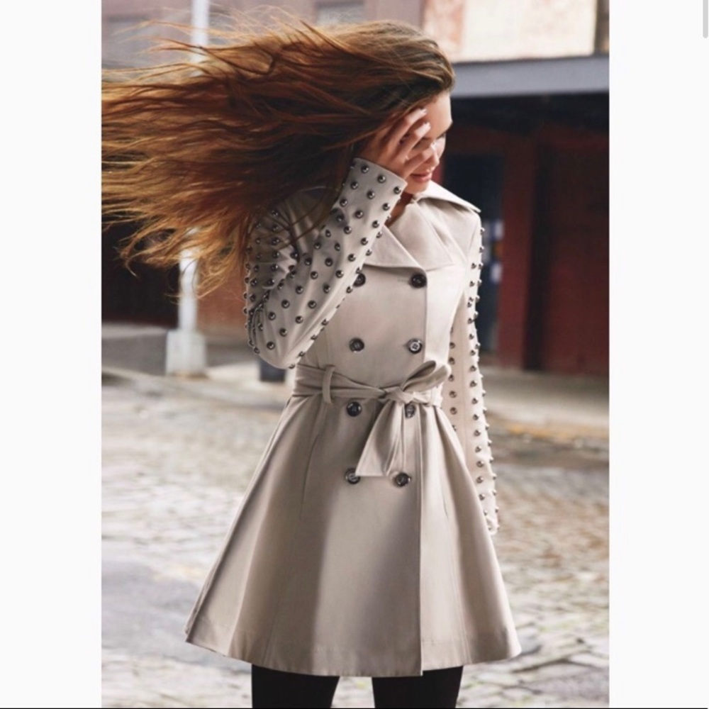 BEBE STUDDED SLEEVE TRENCH COAT
